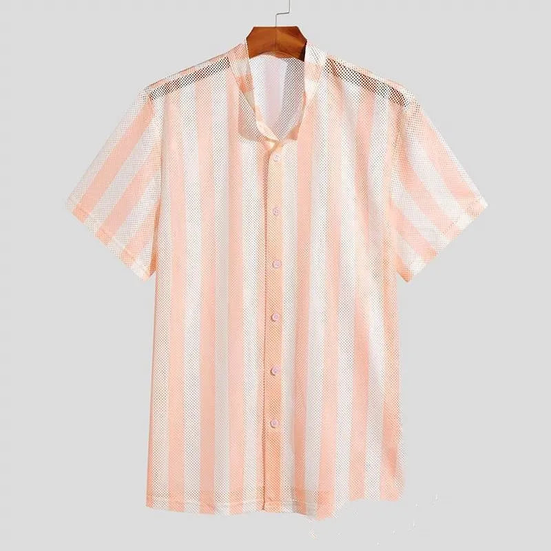 Pink men's waffle weave summer cardigan showing loose fit and short sleeve design