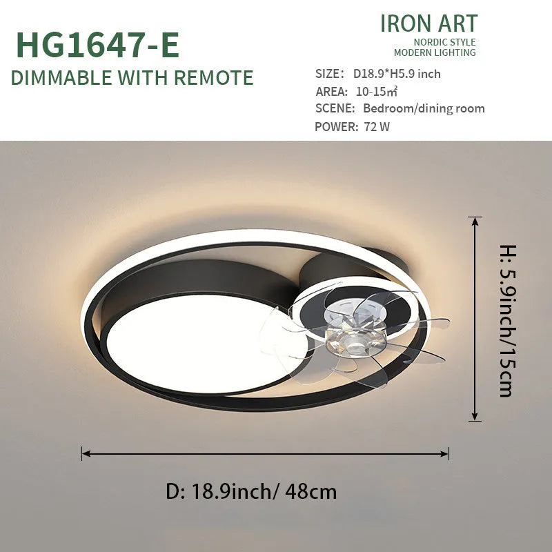 Nordic style 48cm ceiling fan with integrated light in black or gold finish