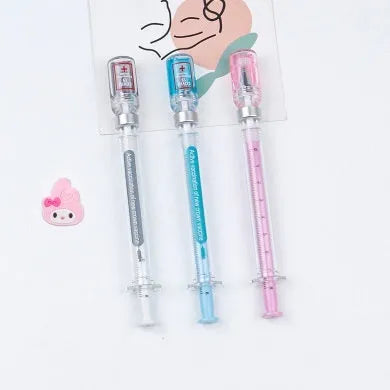 Vaccine design gel pen with black 0.5mm needle point refill and plastic construction