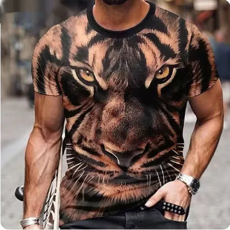 Men's black t-shirt with a large, textured 3D lion print on the front.