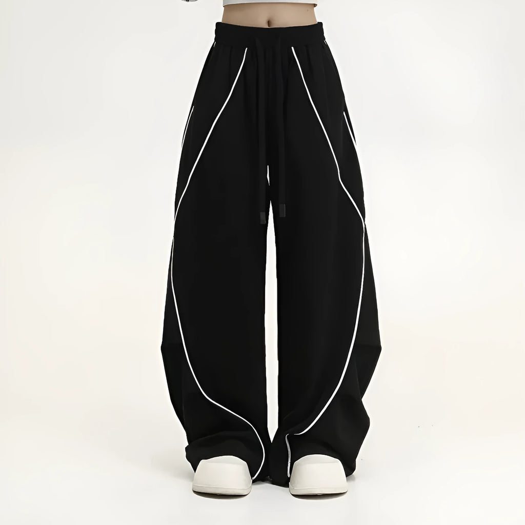 Black pleated wide-leg hip hop trousers with striped pattern and loose fit