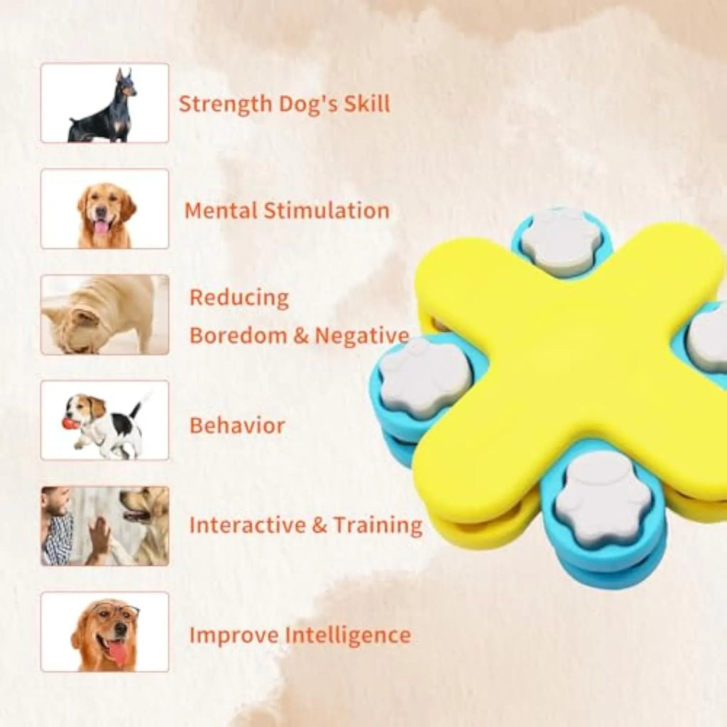 Yellow dog puzzle feeder toy with rotating lids and anti-slip rubber pads on base