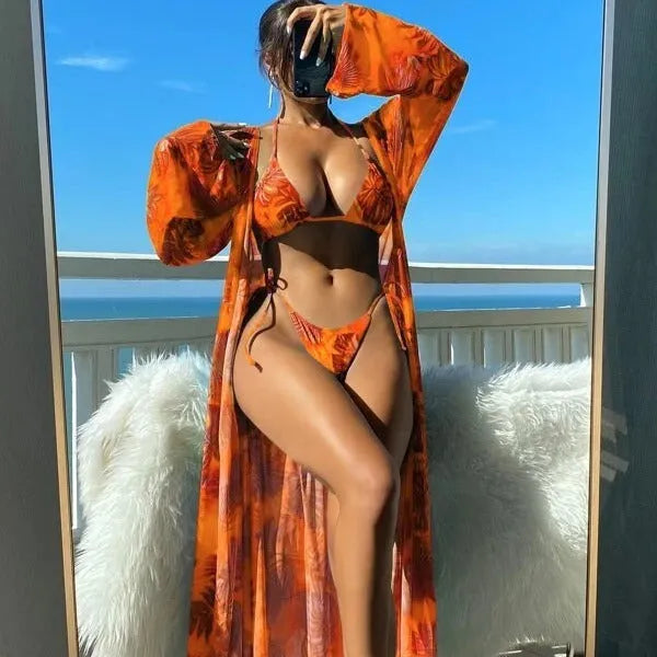 Women's long sleeve blouse and banded bikini set with robe in multiple colour options