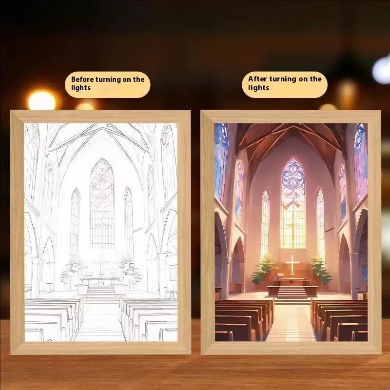 Handmade engineered wood LED frame displaying religious cross light drawing with USB cable