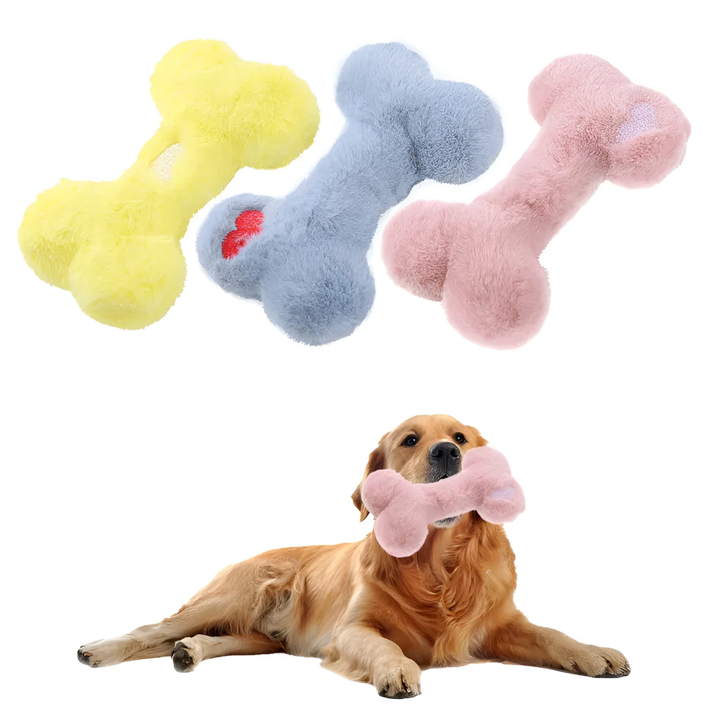 Blue love bone shaped plush dog toy with vocal BB rattle for interactive chewing play