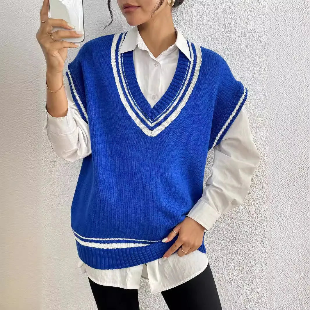 Women's loose fit pullover vest sweater in blue, coffee, or black colours