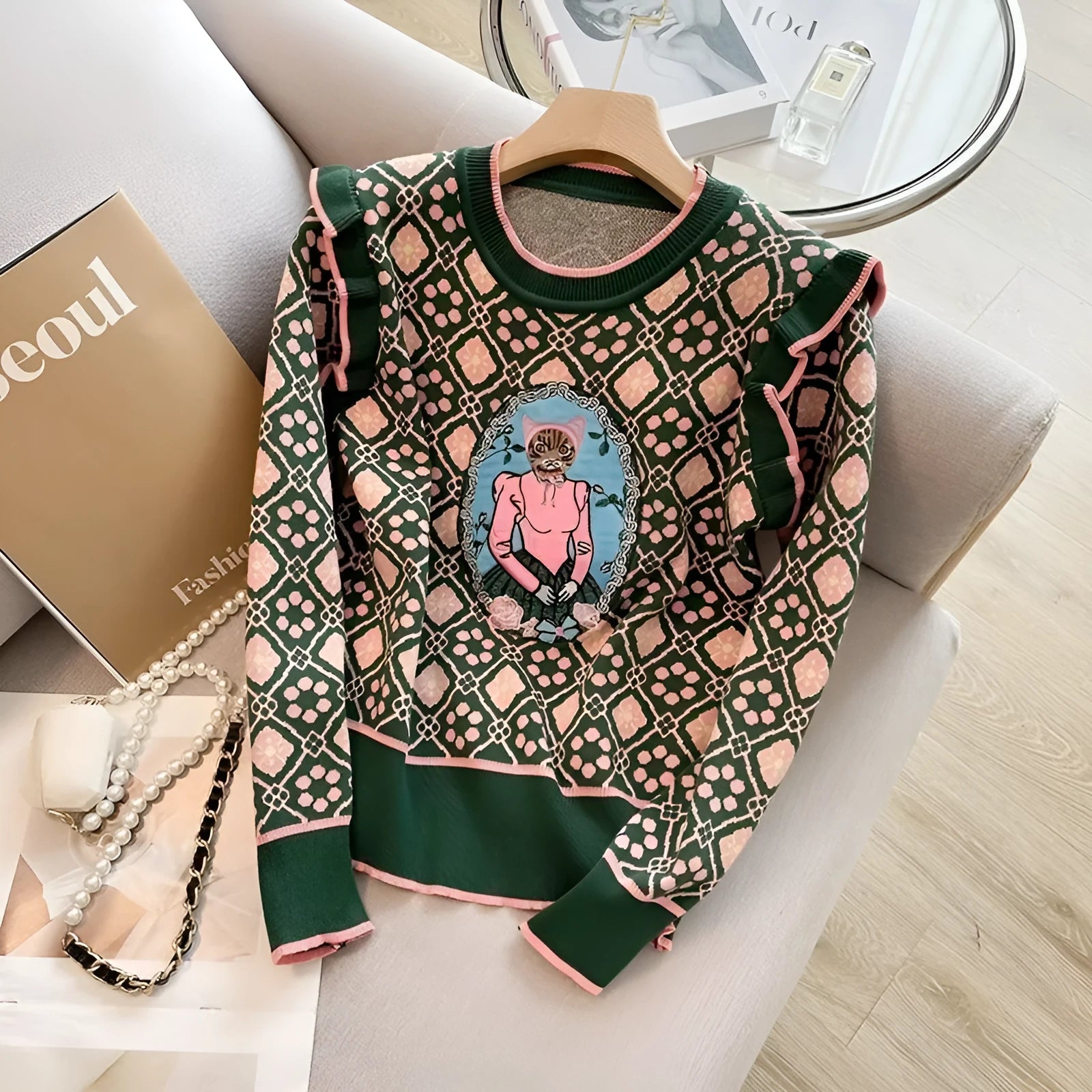 Green printed women's sweater with loose fit and regular sleeves for casual wear