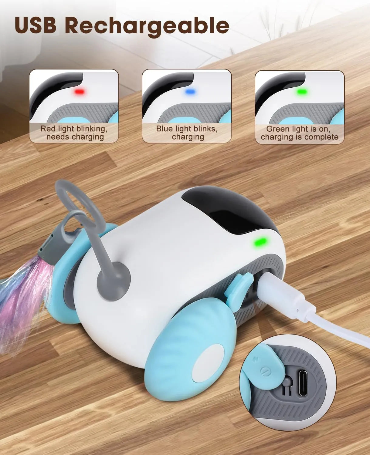 Blue remote controlled cat toy car with feather teaser attachment on hard floor