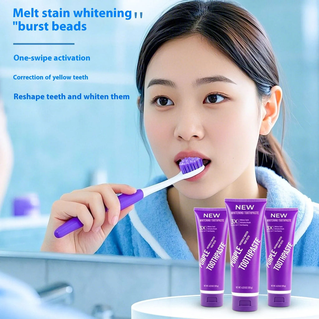 Purple whitening toothpaste tube for adults to remove yellow tooth stains