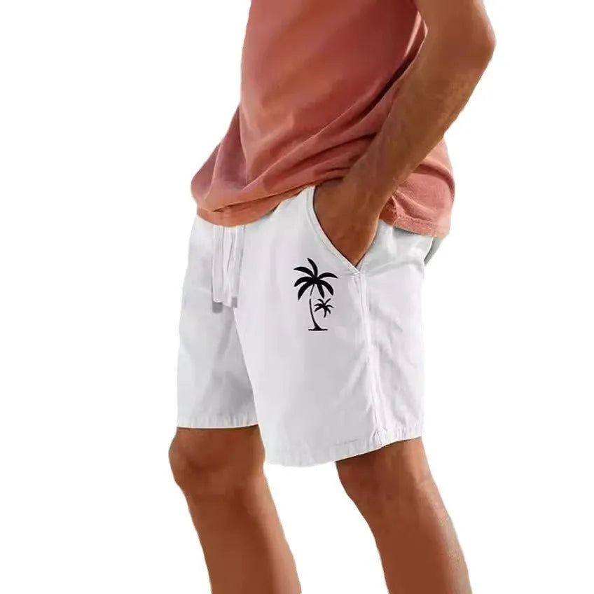 Men's beige cotton blend drawstring elastic waist shorts laid flat showing straight leg cut