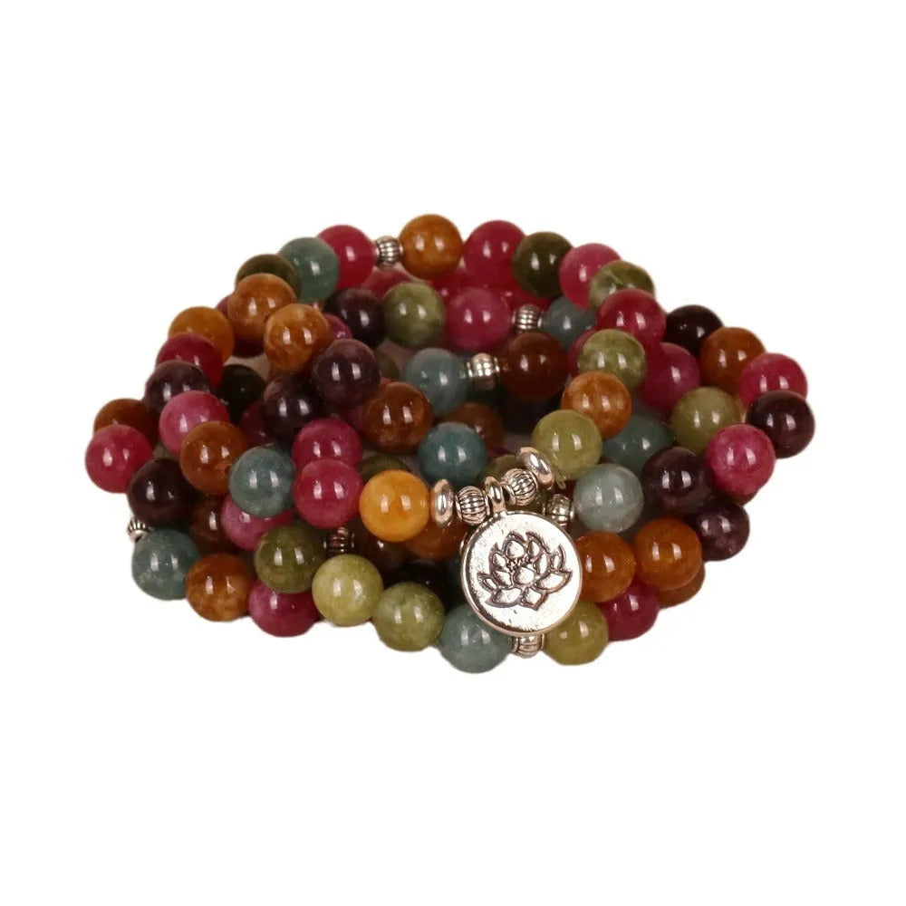 Multi-layer beaded bracelet with 108 tourmaline stones in string lotus hanging pattern on alloy framework