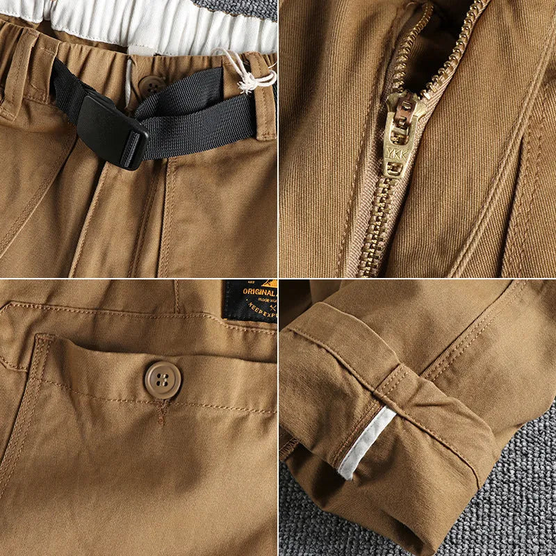 Men's khaki cotton work trousers with straight leg design and zipper fly