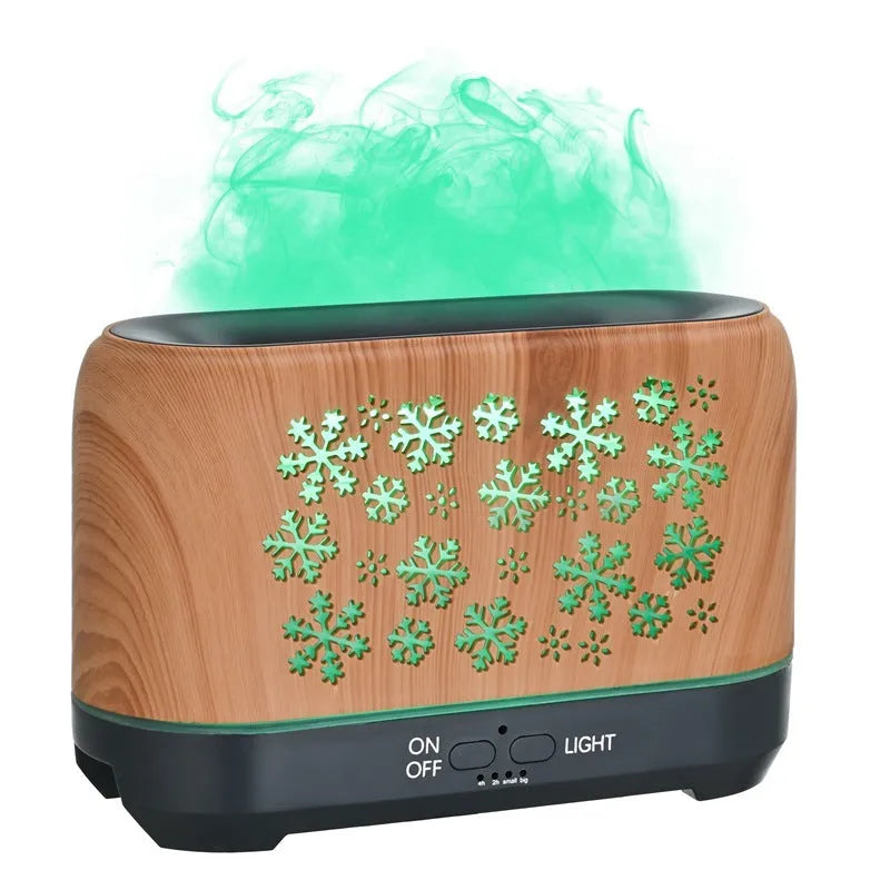 Colourful snowflake wood grain desktop humidifier with remote control and flame lighting effect