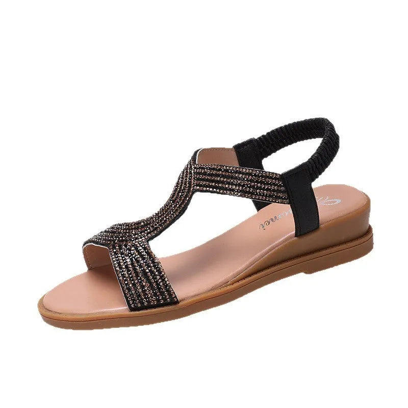 Women's gold patent leather summer sandals with rhinestone decoration and round toe design