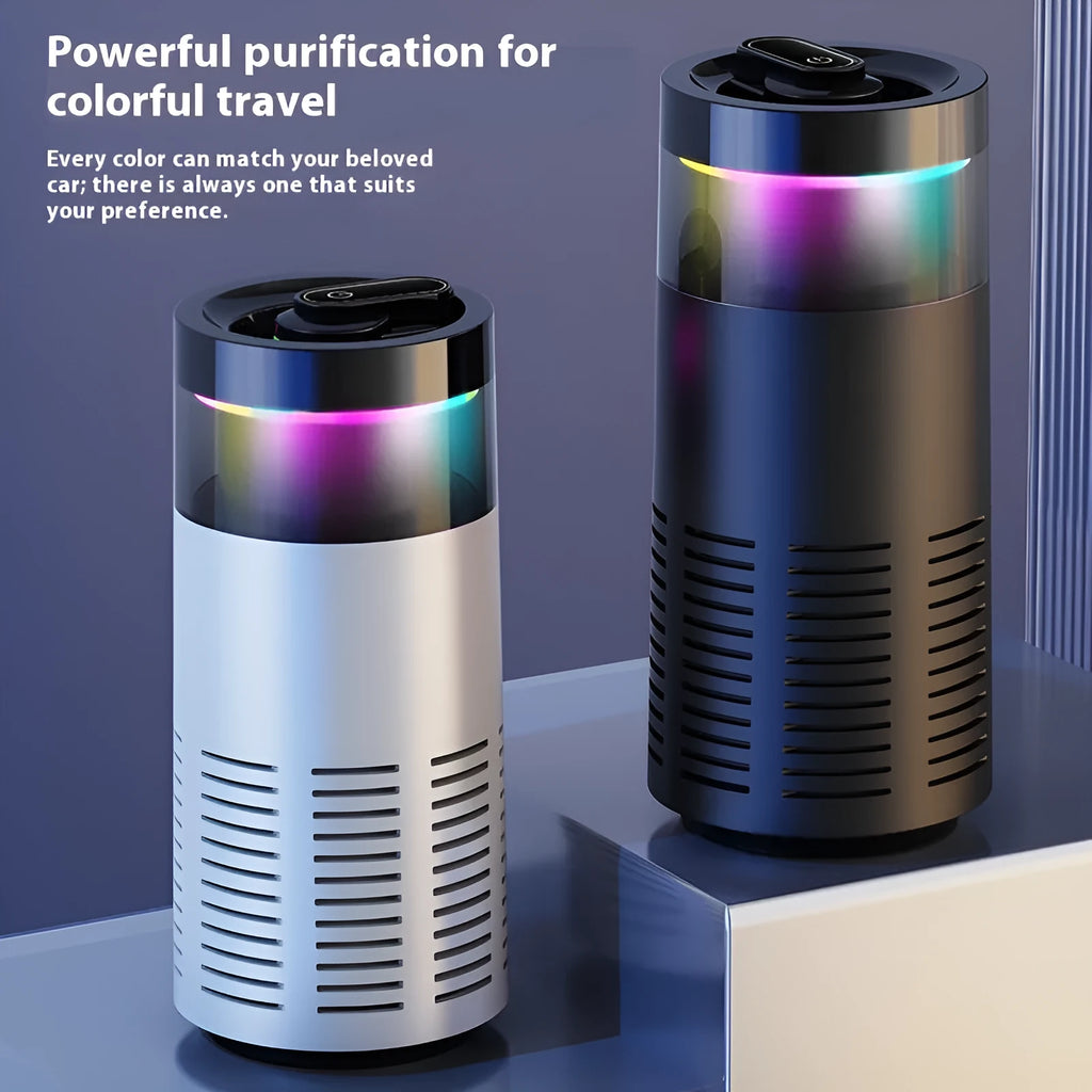 Compact black plastic car air purifier with negative ion function and USB power for small spaces