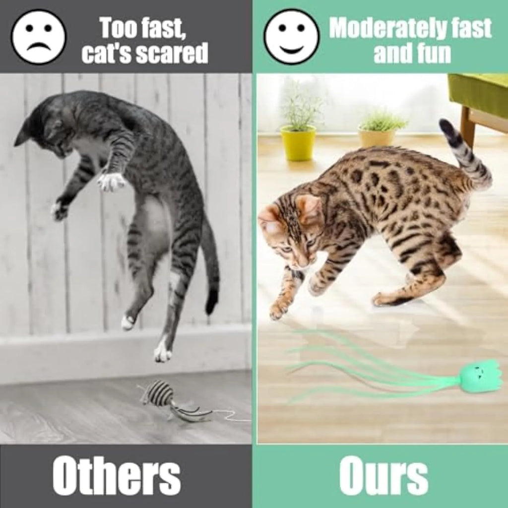 Automatic electronic cat toy wand with green silicone tails swinging in motion