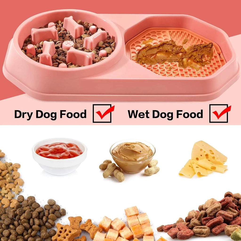 Blue slow feeder dog bowl with maze pattern for dry food and central cup for wet food like peanut butter.