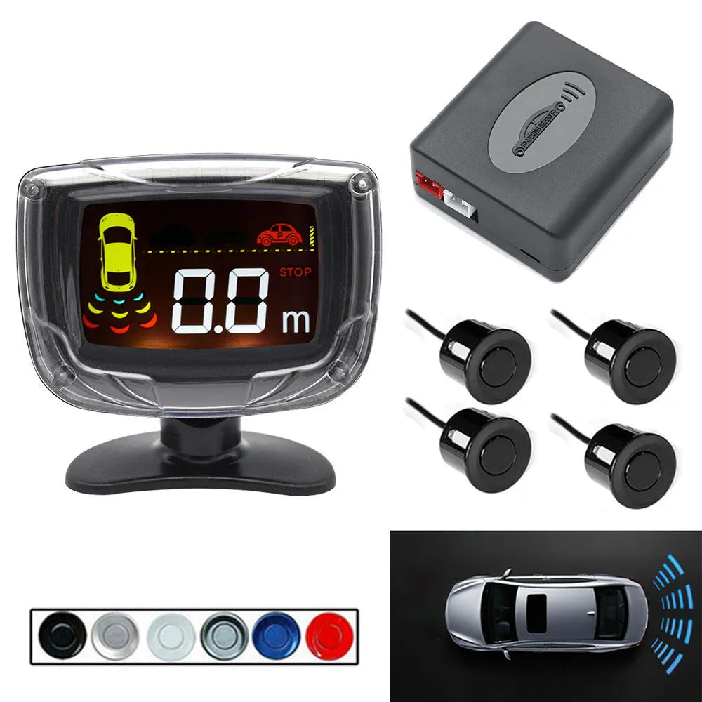 Wireless reversing sensor system with LED display unit and four embedded probes for vehicle obstacle detection