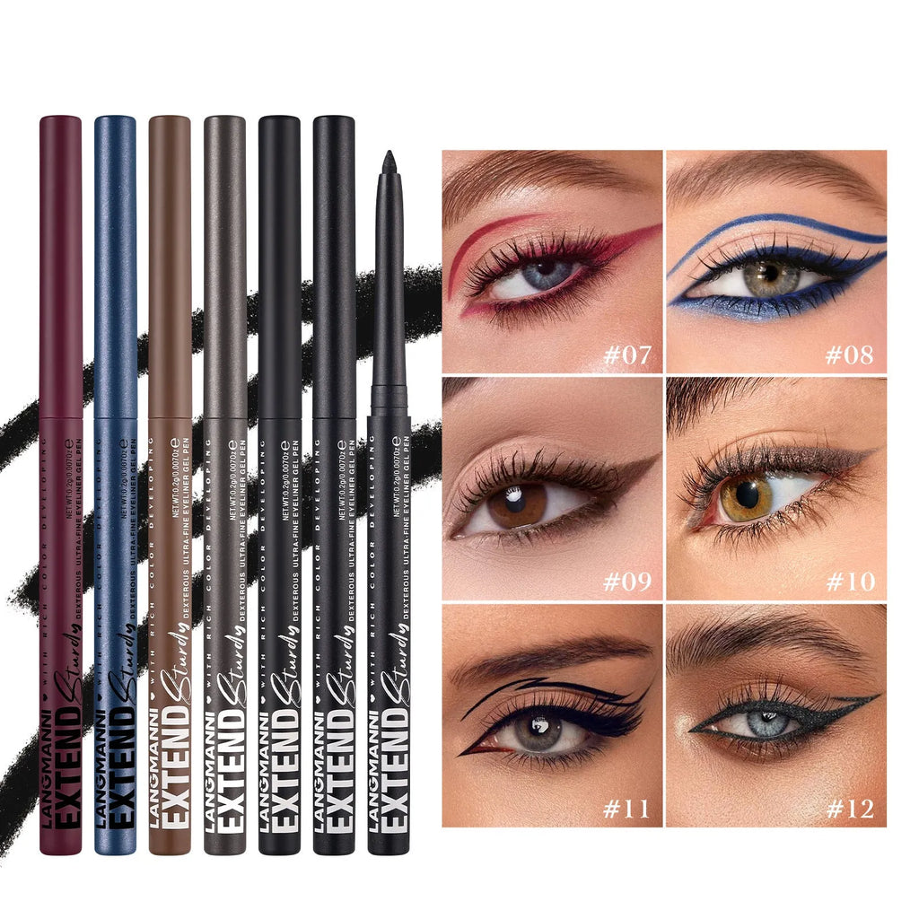 Set of 12 colourful gel eyeliner pencils with glitter, metallic, and matte tips displayed in a case.