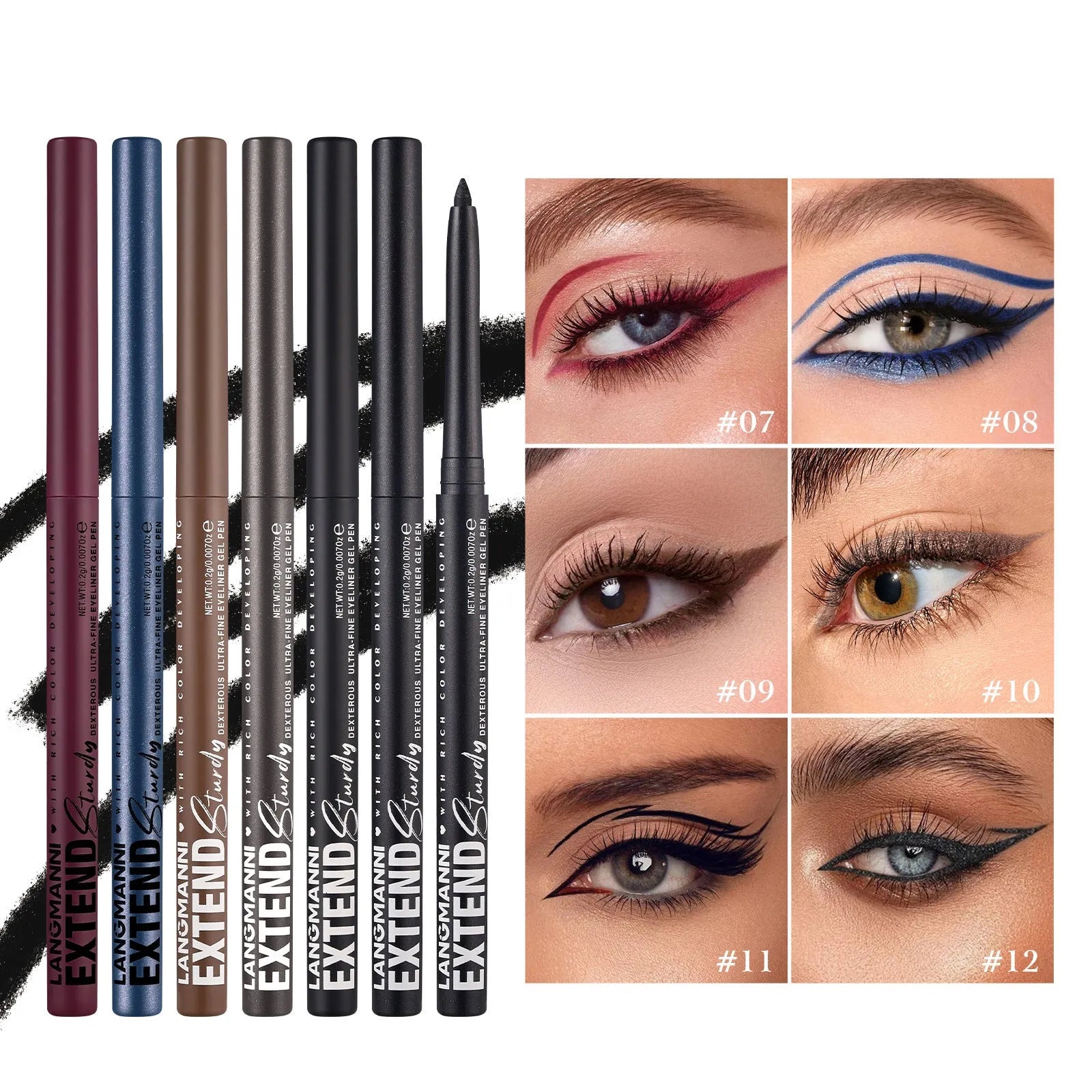 Set of 12 colourful gel eyeliner pencils with glitter, metallic, and matte tips displayed in a case.