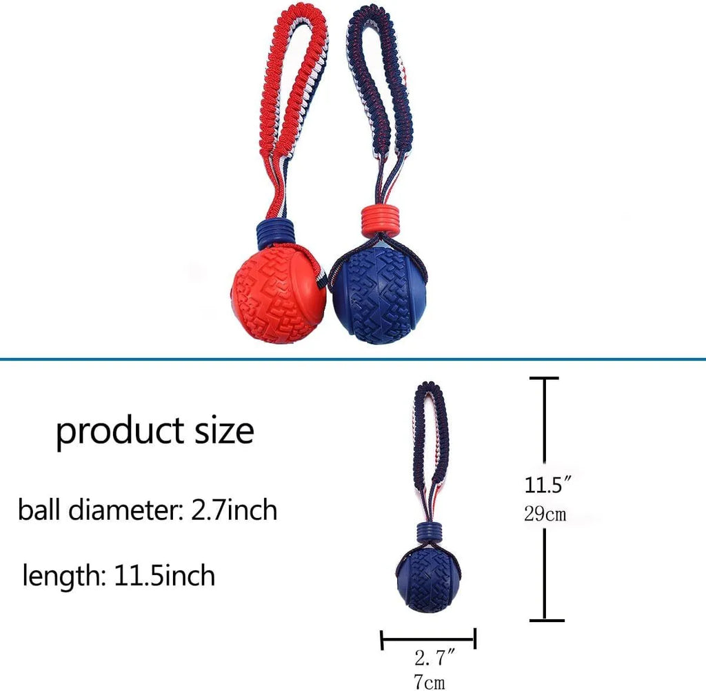 Blue dog ball with attached rope toy for small medium dogs showing textured surface