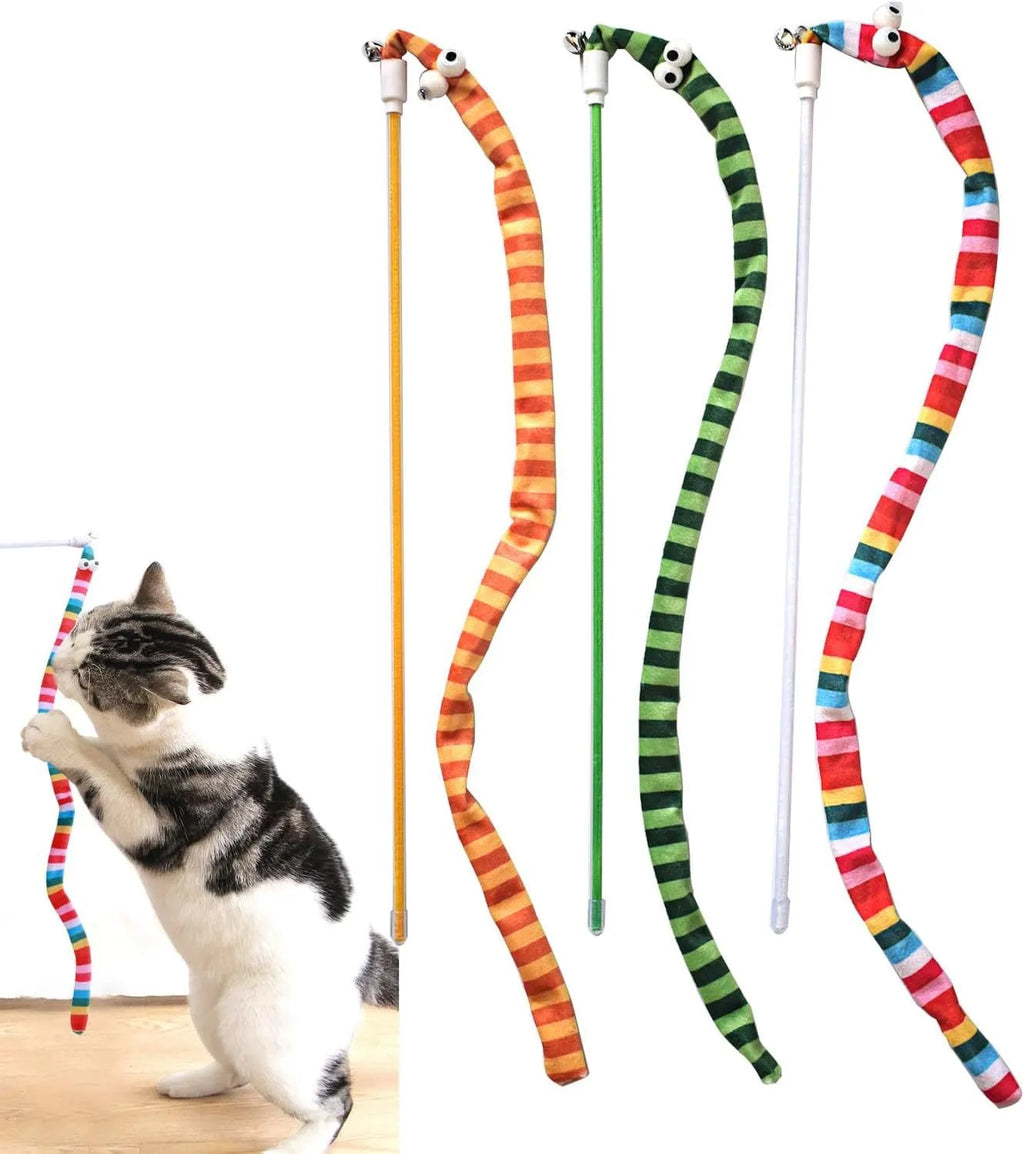 Cat wand toy with polycarbonate pole and colourful plush strip for interactive play