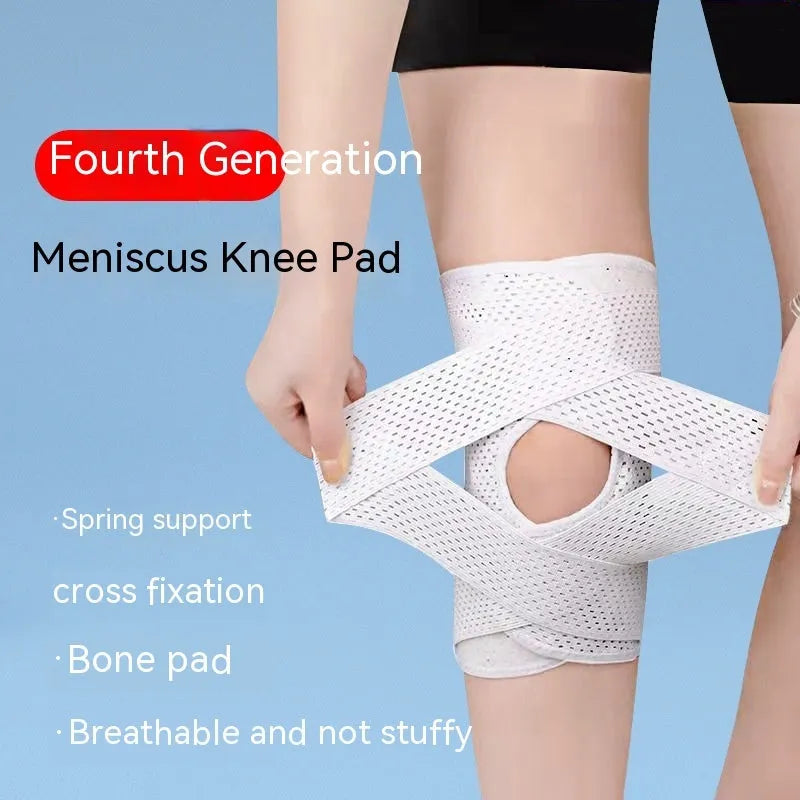 Black mesh fabric knee support sleeve for meniscus and patellar injury recovery.