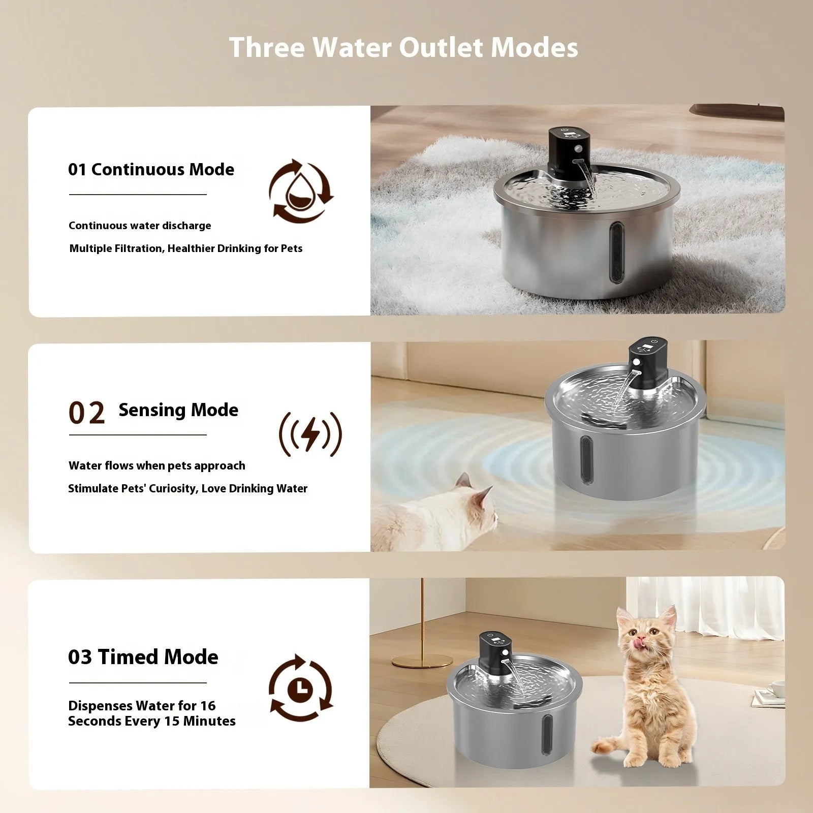 Stainless steel pet water fountain with constant temperature heating base in white colour