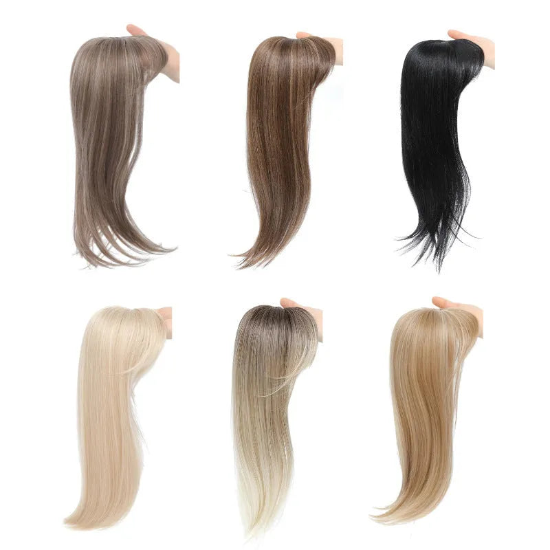 Synthetic clip-in hairpiece wig with inner buckle, shown in one of six available style colours.