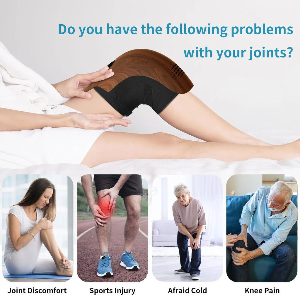 White electric knee massager unit showing controls, padding, and USB charging port.