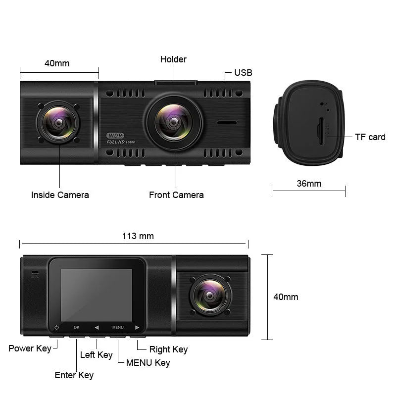 Black dashboard camera mounted on car windscreen showing dual recording capability