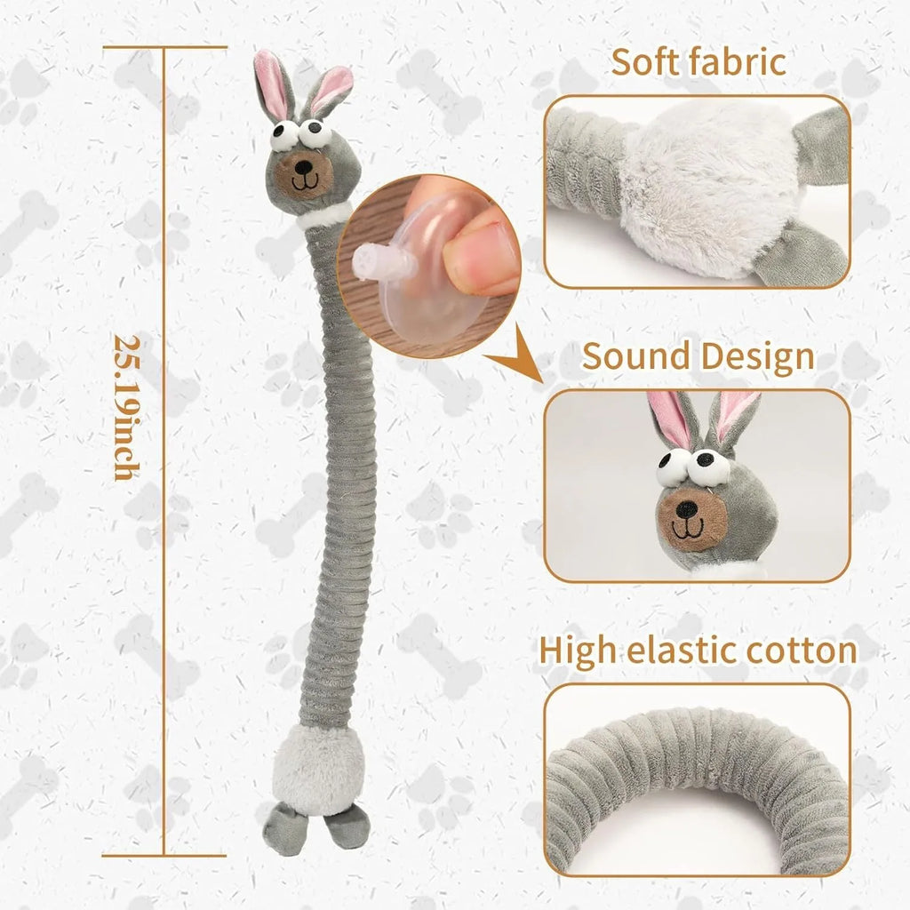 Plush dog toy with crinkle and squeaker sounds in brown, grey and yellow colours