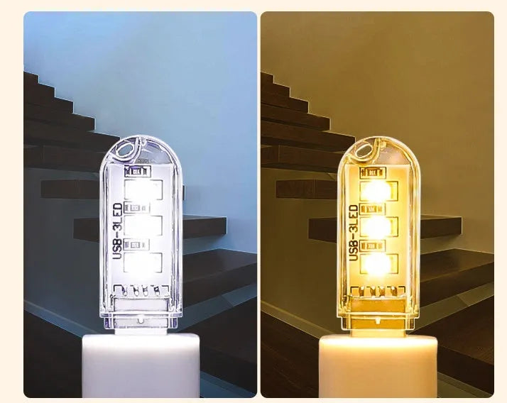 Compact white LED baby night light with USB cable showing warm and white light options