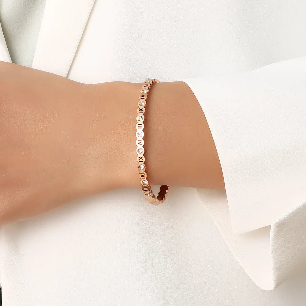 Titanium steel Korean style bracelet with number elements in gold, rose gold or steel colour electroplated finish