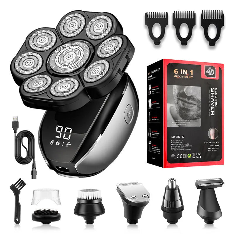 Black rechargeable 6-in-1 hair clippers shaver kit with LED display and multiple grooming attachments