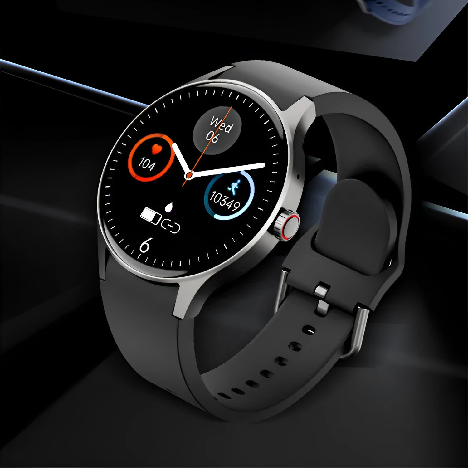 Round smartwatch with colour touchscreen display showing fitness data on wrist