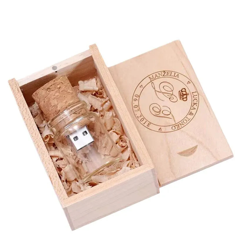 Wooden wish drift bottle USB flash drive with transparent housing showing decorative interior