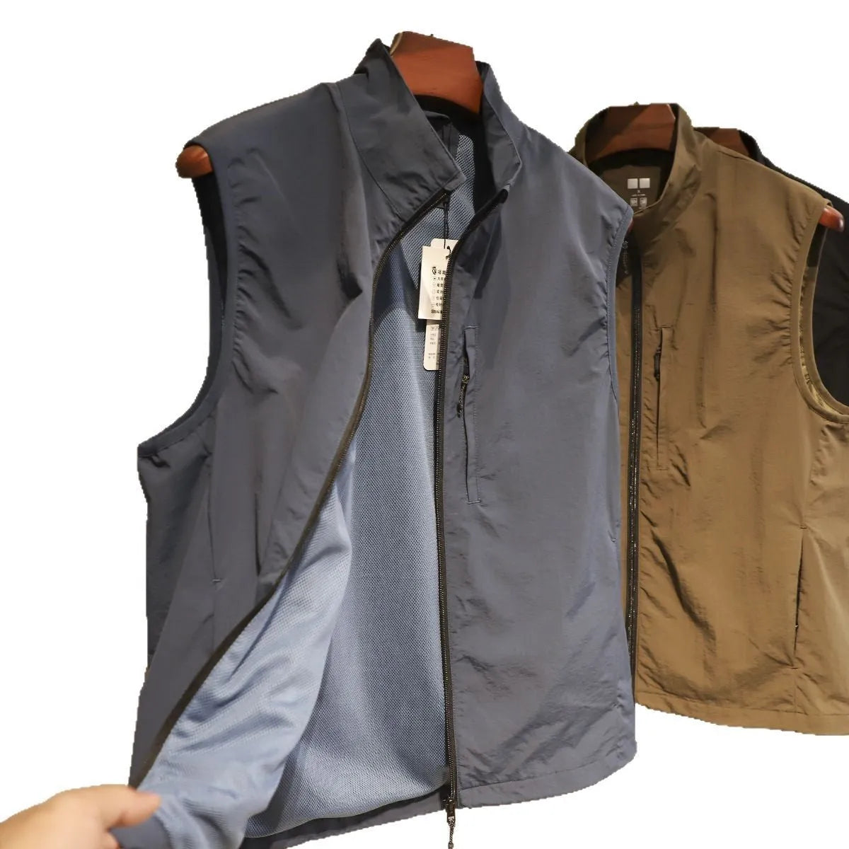 Men's straight-fit nylon cardigan vest in army green with side seam pockets.