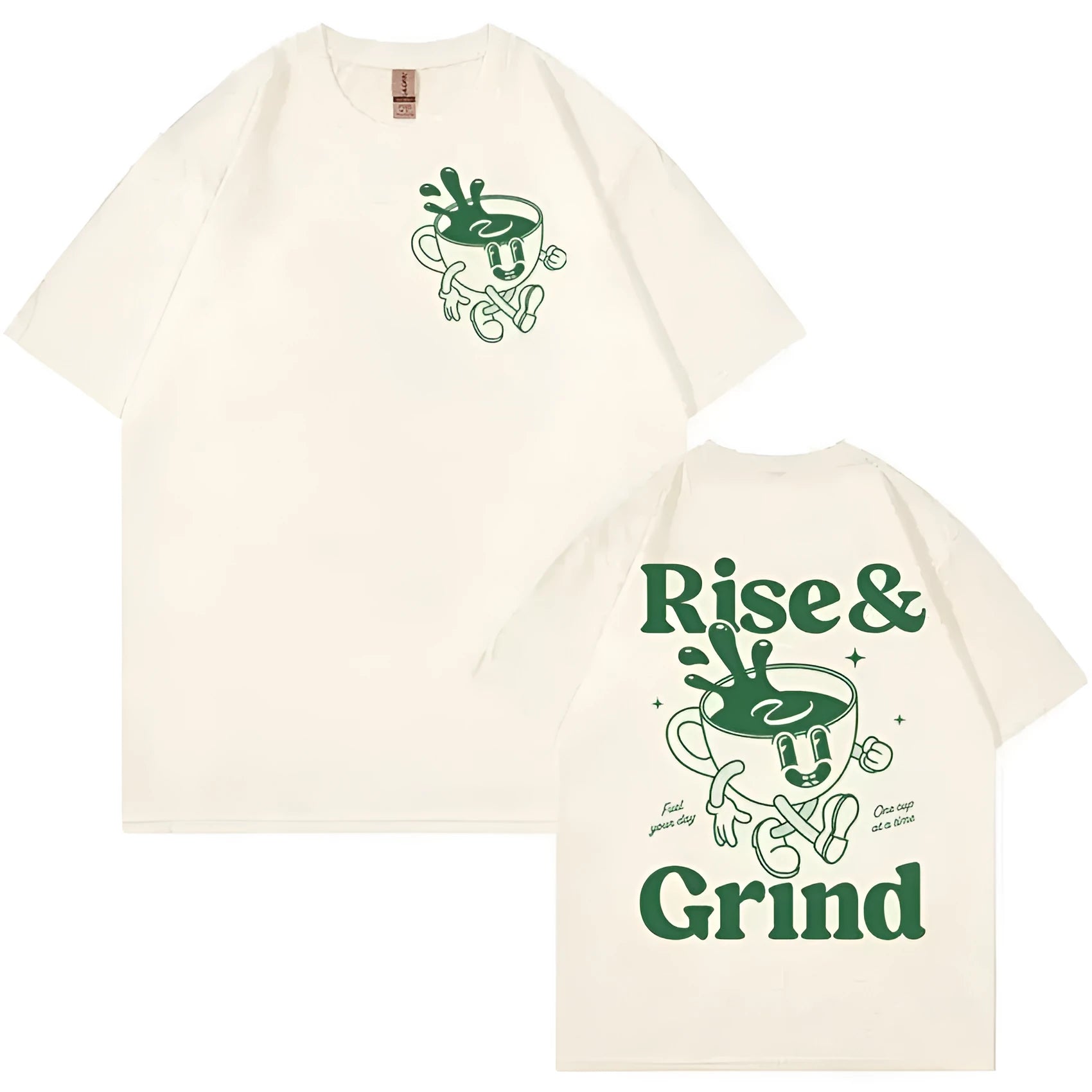 Loose fit men's linen T-shirt with a cartoon graphic of a green coffee bag and 'Rise And Grind' text.