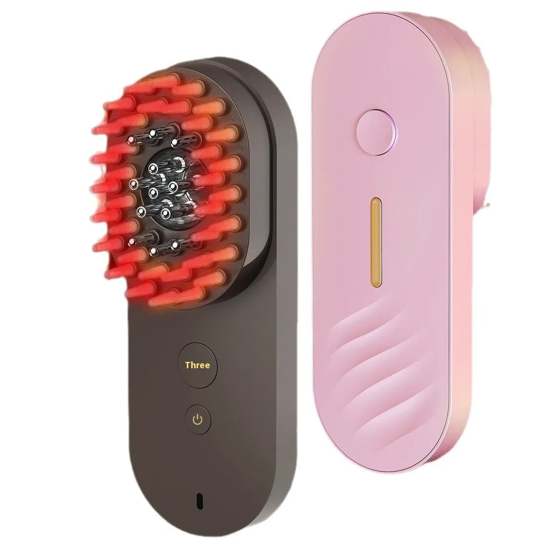 Smart massage comb with red light therapy technology in pink and black colour options