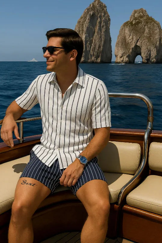 Men's elastic beach shirt and shorts set in casual style with anti-wrinkle properties