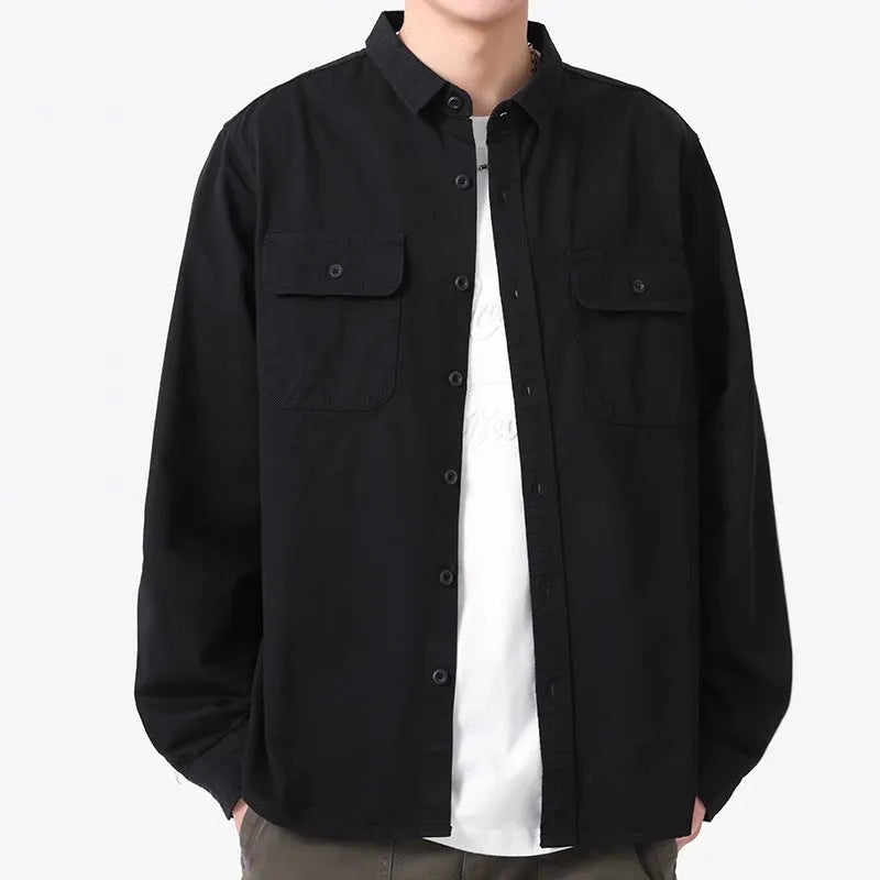 Men's loose fit long sleeve overalls shirt in cardigan style with four colour options