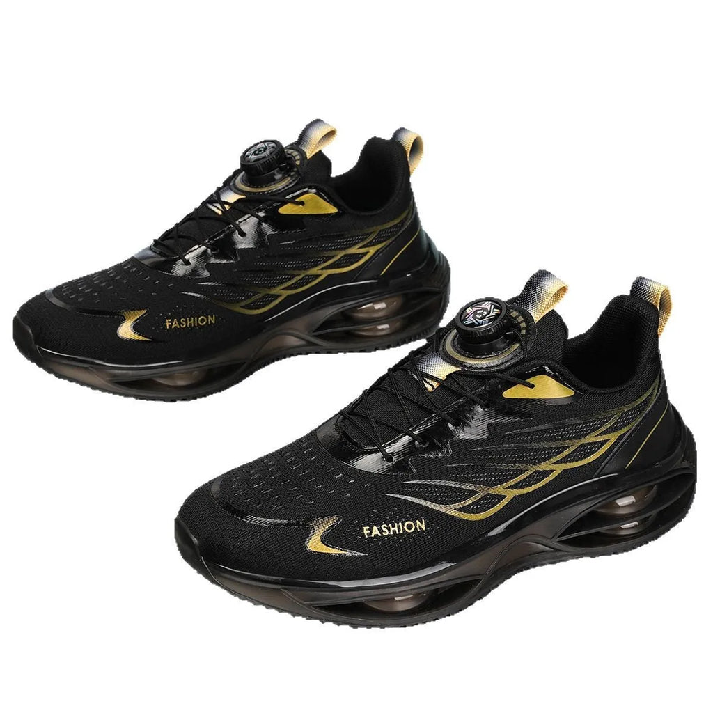 Low-top breathable running shoes in black gold, sky blue, and white colours with a rubber sole.