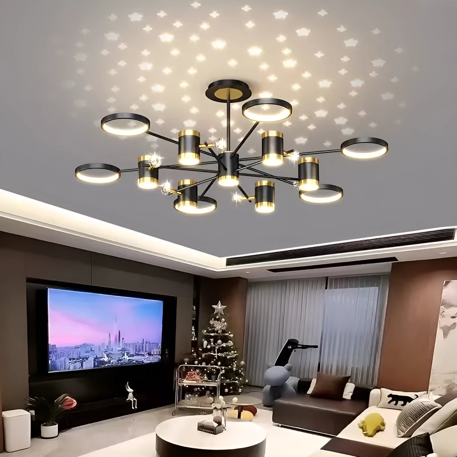 Black iron pendant chandelier with 13 lamp heads and a remote control.