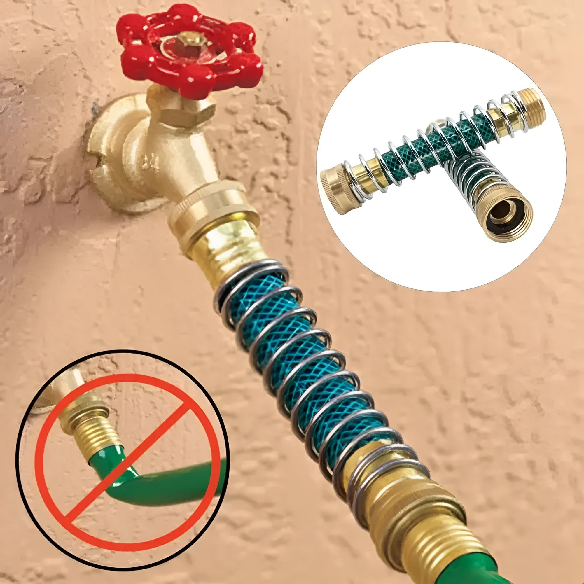 Brass garden hose sprinkler connector with a coiled metal spring section