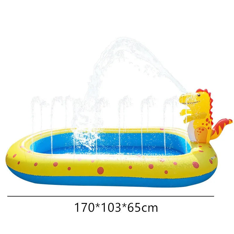 Blue dinosaur shark design inflatable water spray pool measuring 170cm long for children and pets