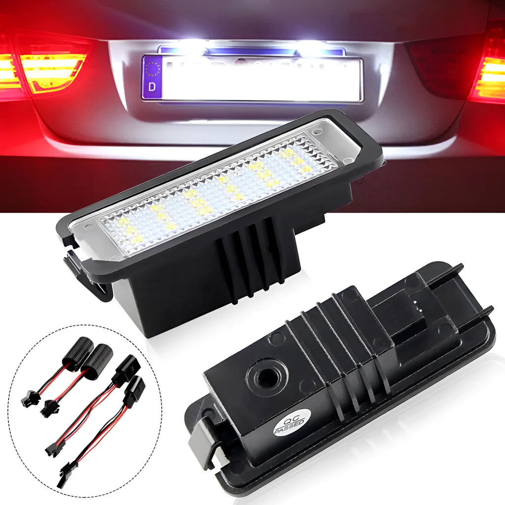 Volkswagen LED license plate light unit showing 24 SMD 3528 chips for Golf, Polo models.