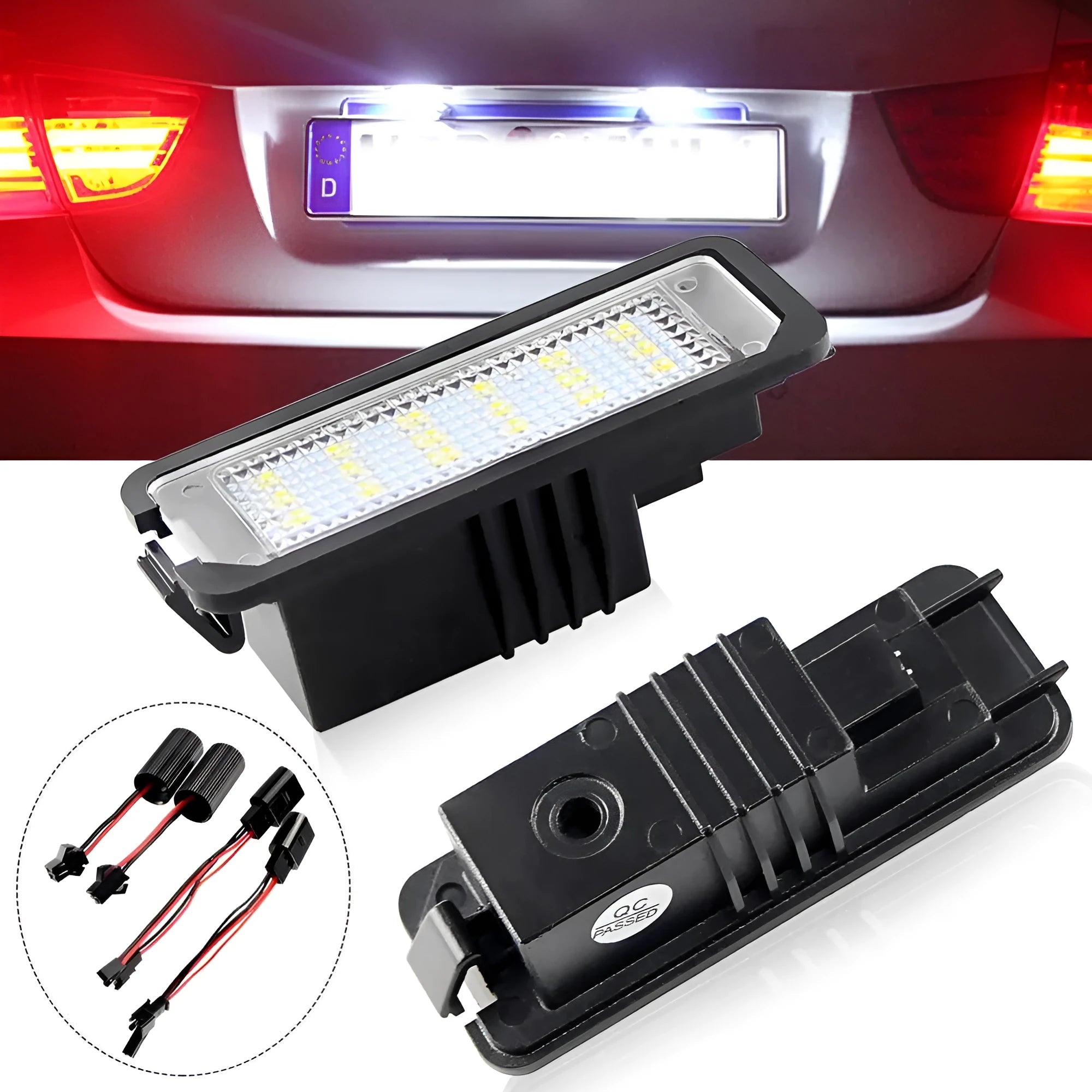 Volkswagen LED license plate light unit showing 24 SMD 3528 chips for Golf, Polo models.
