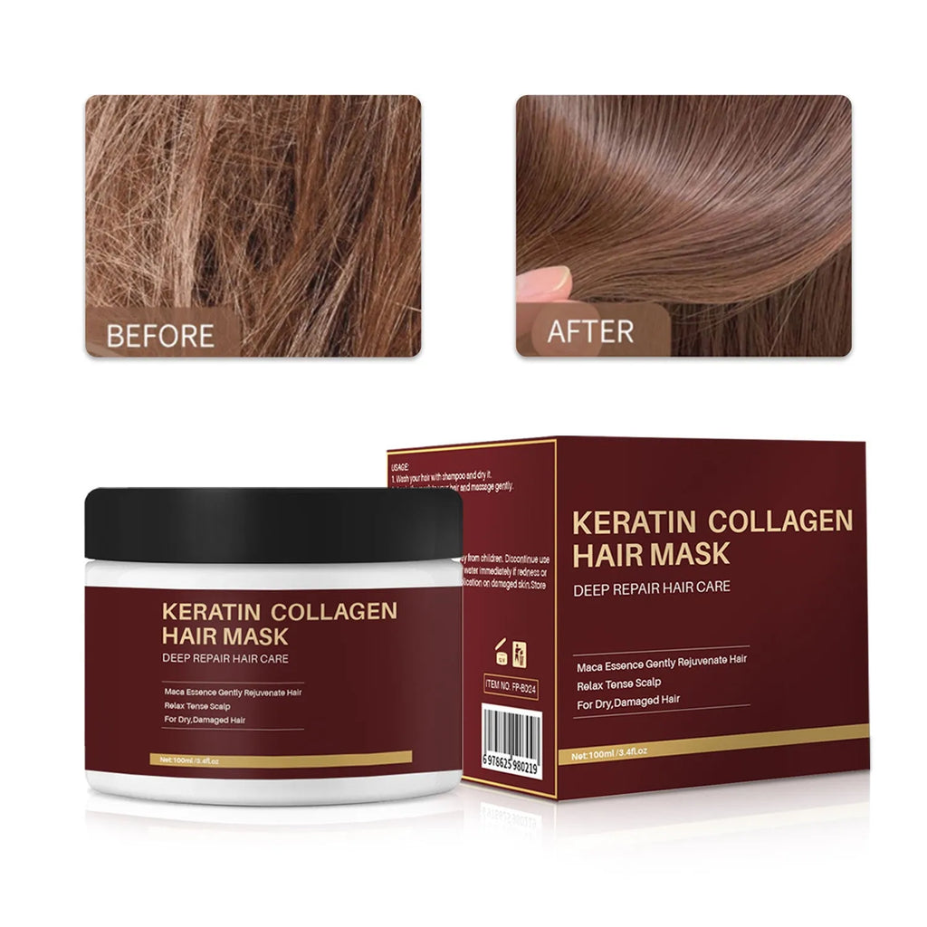 White tub of 100ml collagen hair mask for moisturising and repairing hair.