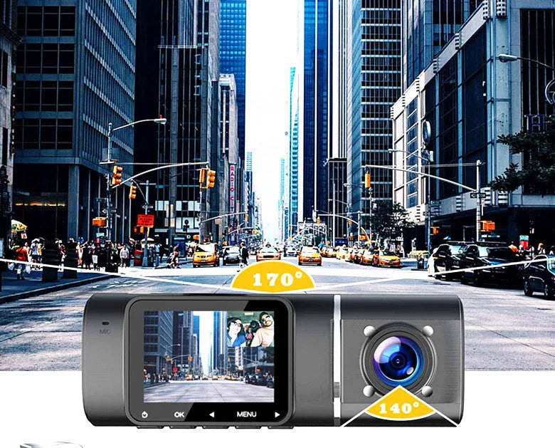Black dashboard camera mounted on car windscreen showing dual recording capability